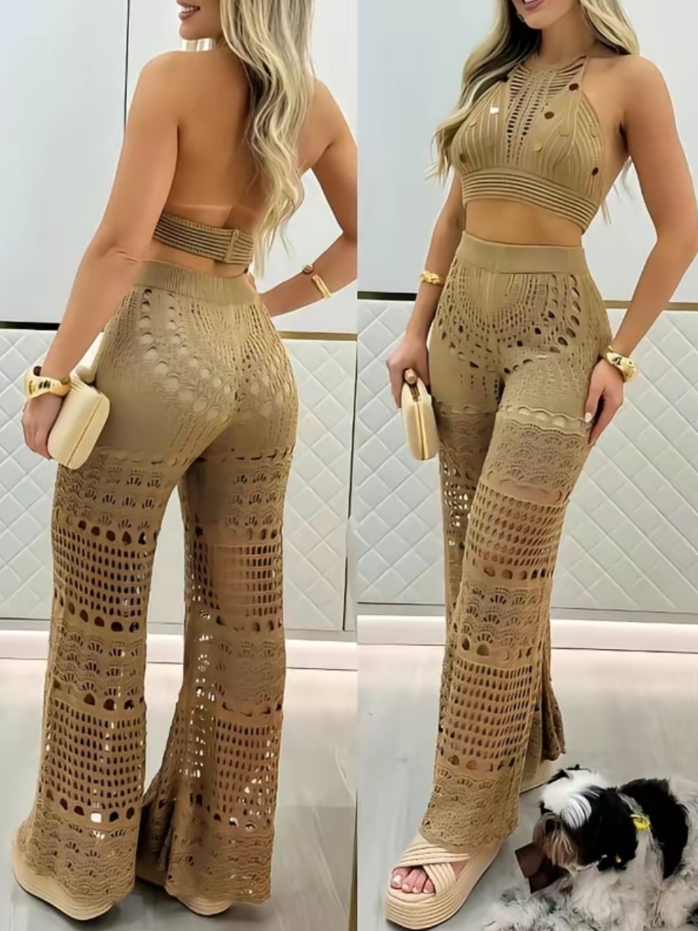 ChicMe | Knitted Sequin Halter Top & Wide Leg Pant Set